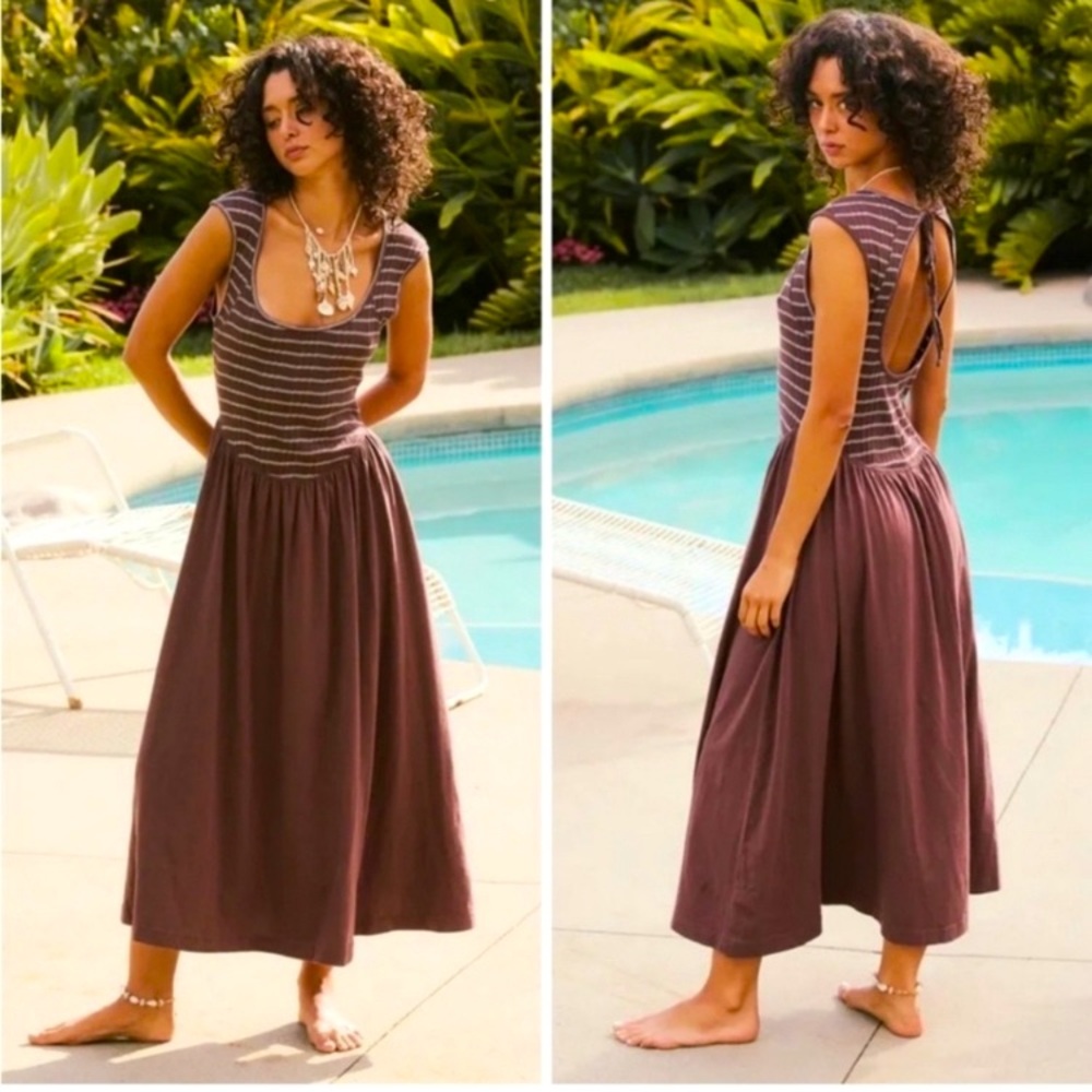 Free People Beach - NWOT - Alana Open-Back Striped Midi Dress in Brown 🤎